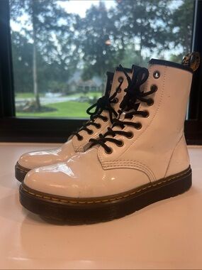Dr. Martens White Patent Combat Boots with Black Laces